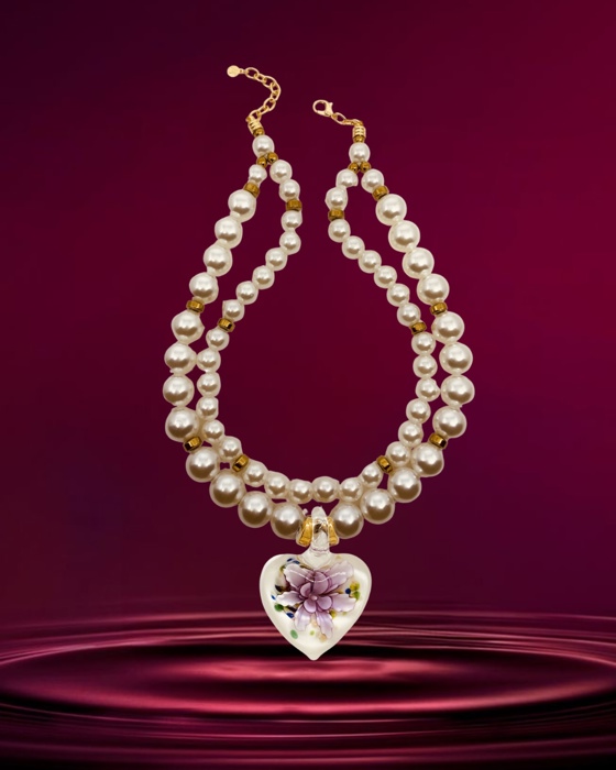 10F Colar Mercia coracao murano flores lilas