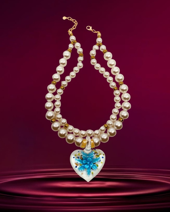 16B Colar Mercia coracao murano flor azul turquesa